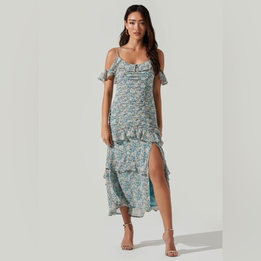 ASTR the Label Daisy Dell Floral Ruffle Cold Shoulder Midi Dress